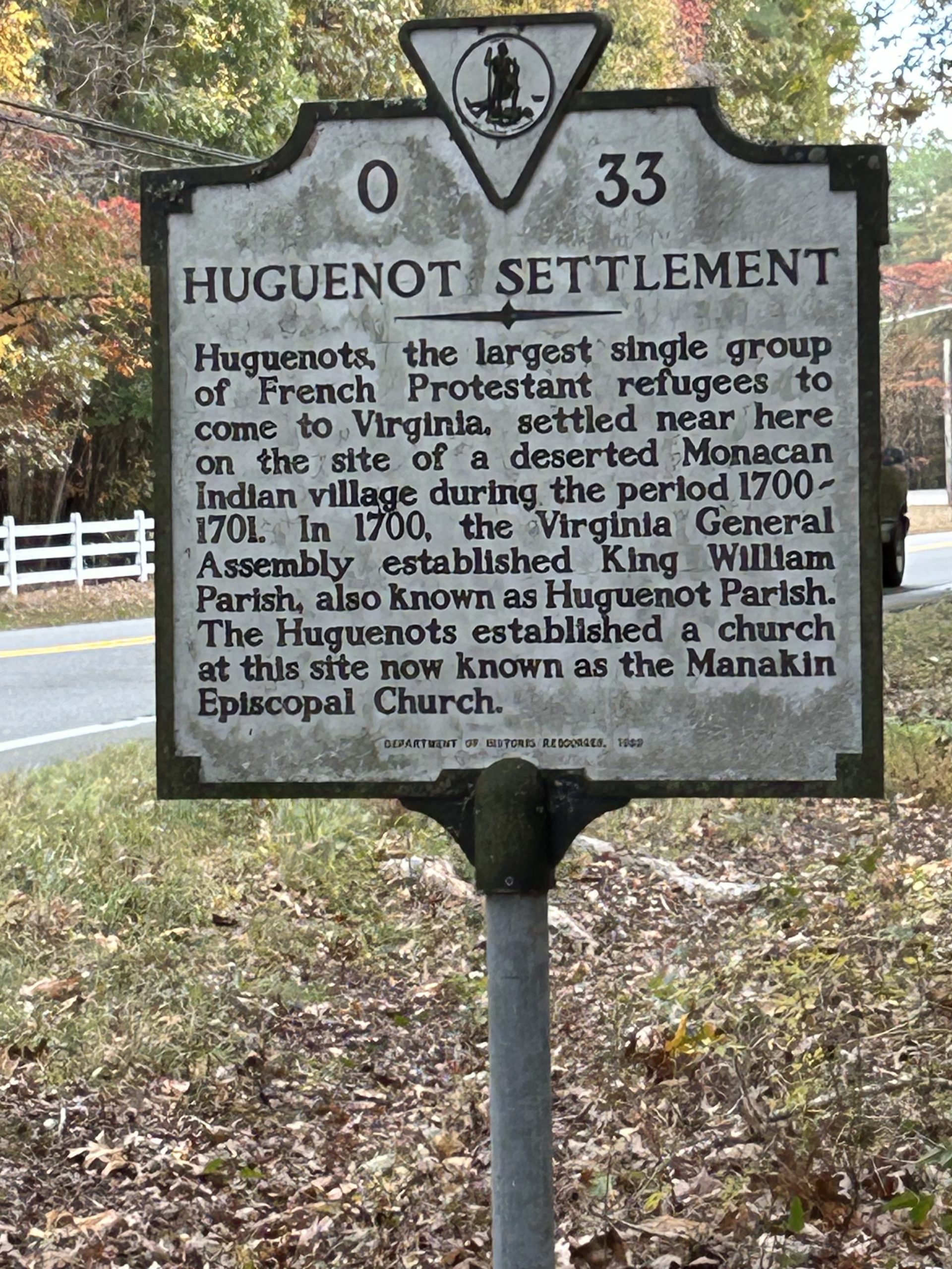 Huguenot historical marker at Manakin